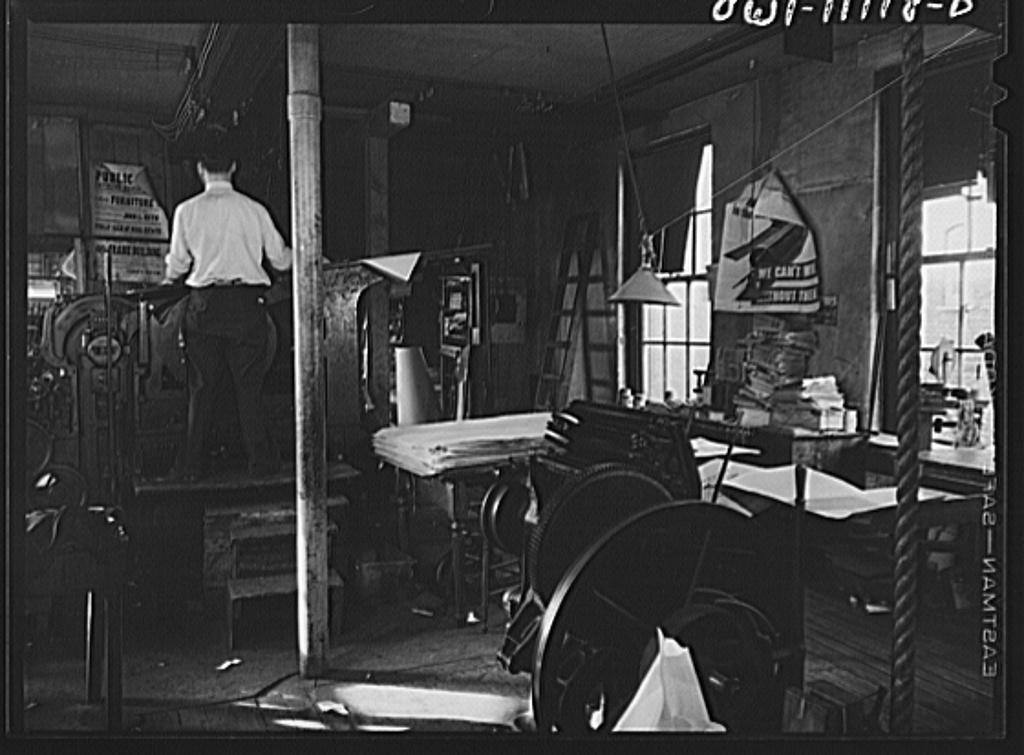 Press room with newspaper production equipment for publishing campaign atmosphere