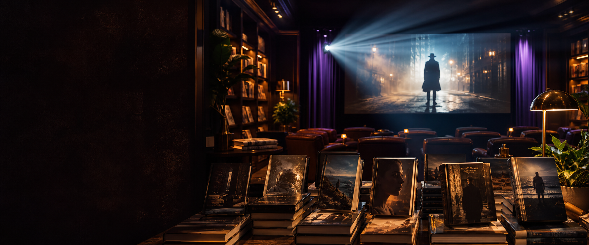 Cinematic bookstore screening lounge with books, projector light, and media display