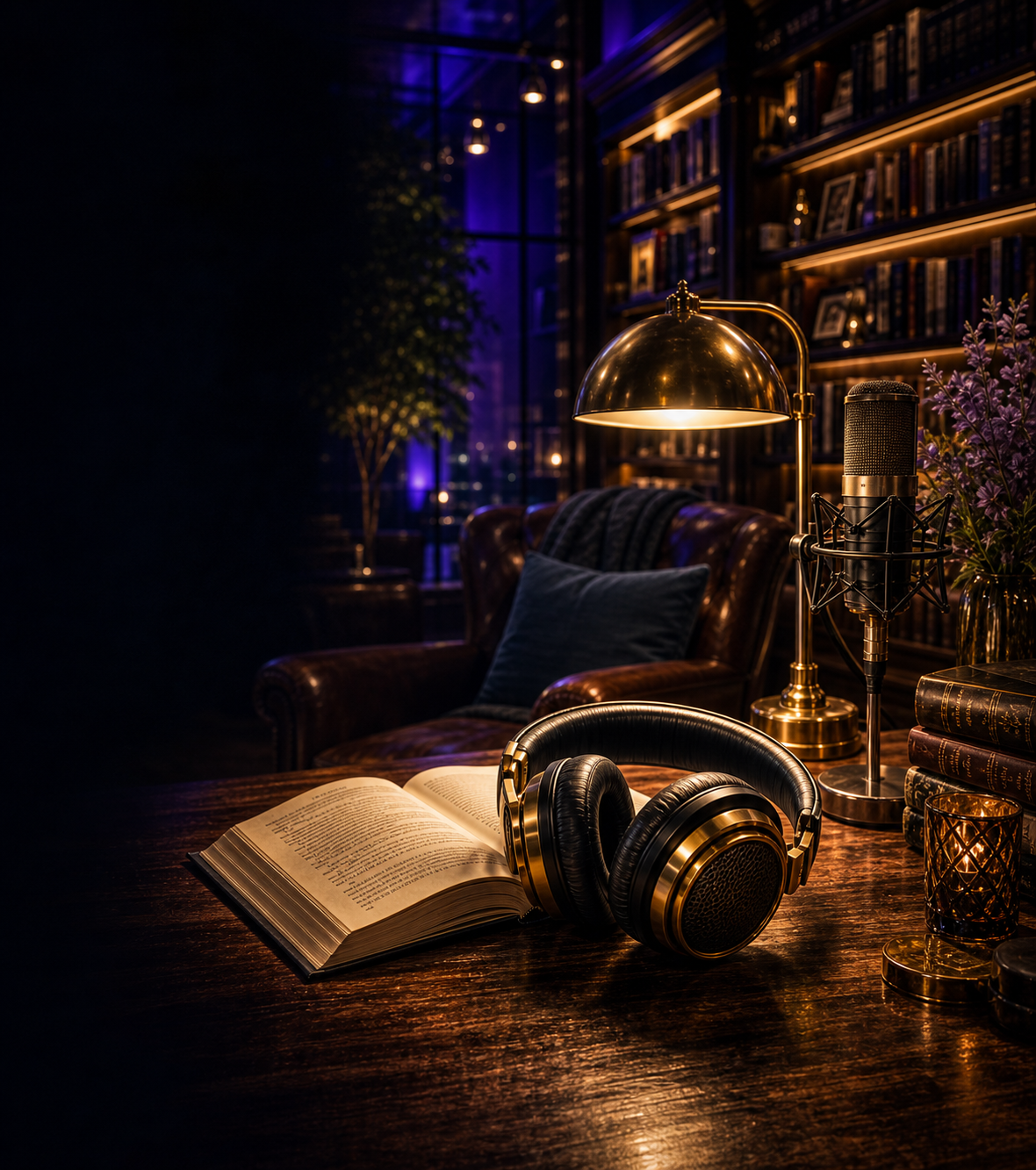 Premium audiobook listening room with headphones, open book, microphone, and warm lamp