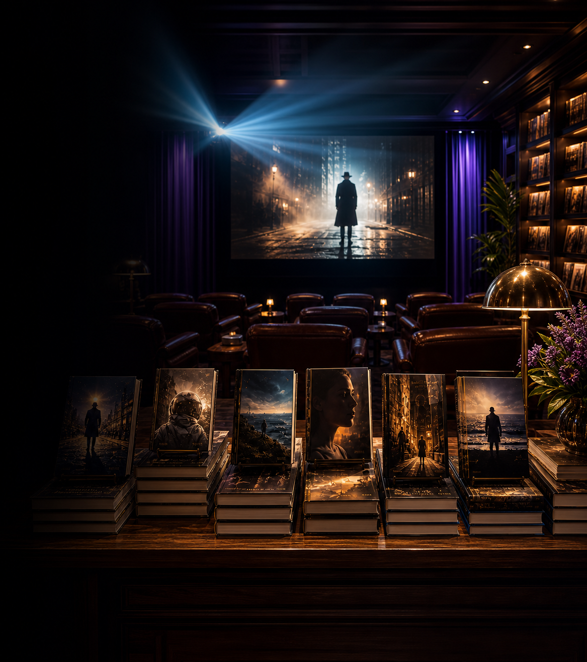 Bookstore screening lounge with projector light, books, and cinematic merchandising