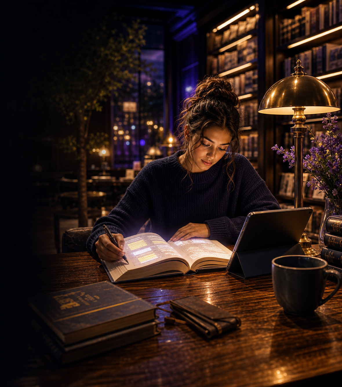 Reader using a tablet and open book under warm bookstore lighting with subtle intelligent glow