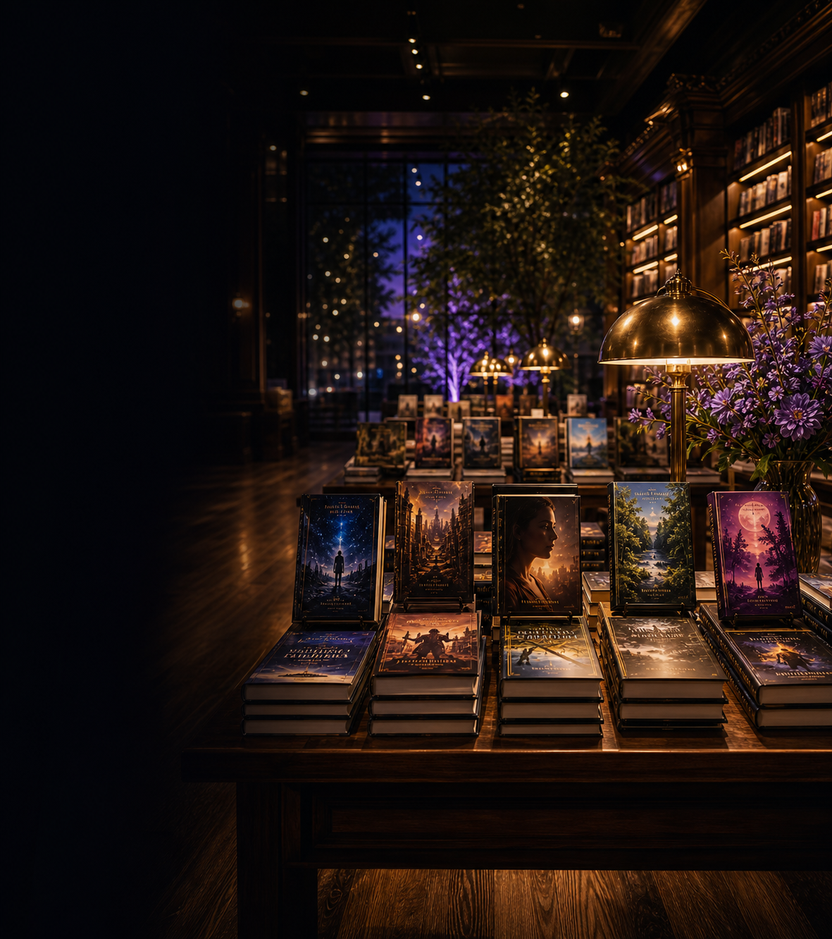Luxury bookstore table with featured books, warm lamps, and vivid editorial lighting