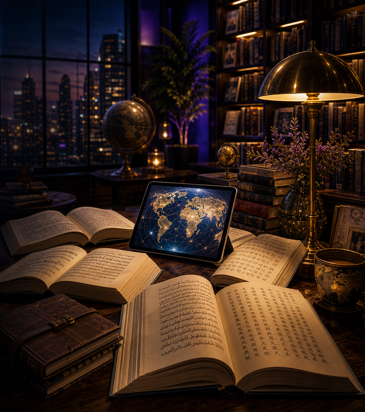 International reading table with books, tablet, travel journal, and global bookstore atmosphere