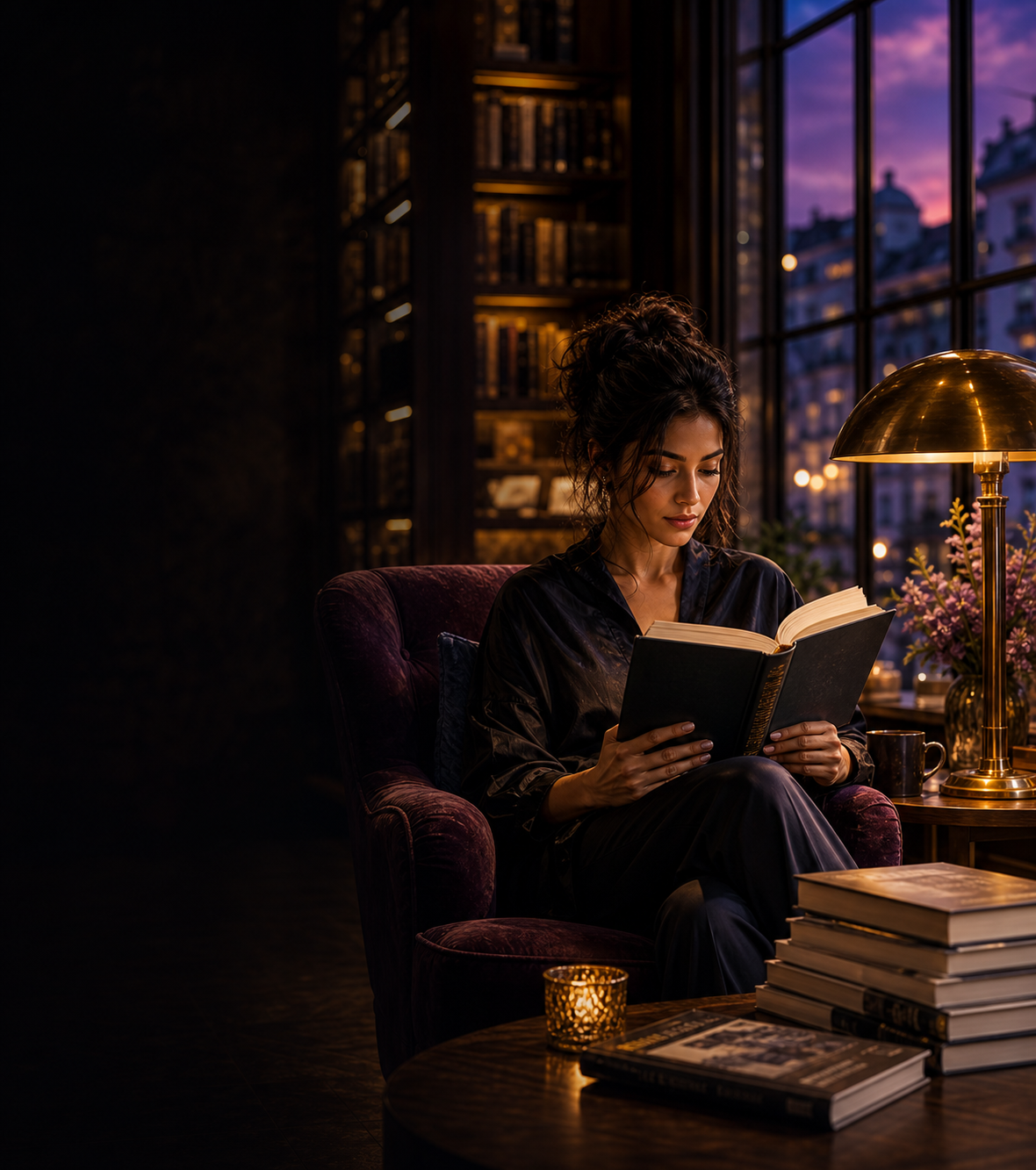 Reader in a luxury bookstore lounge with a hardcover novel and twilight window light