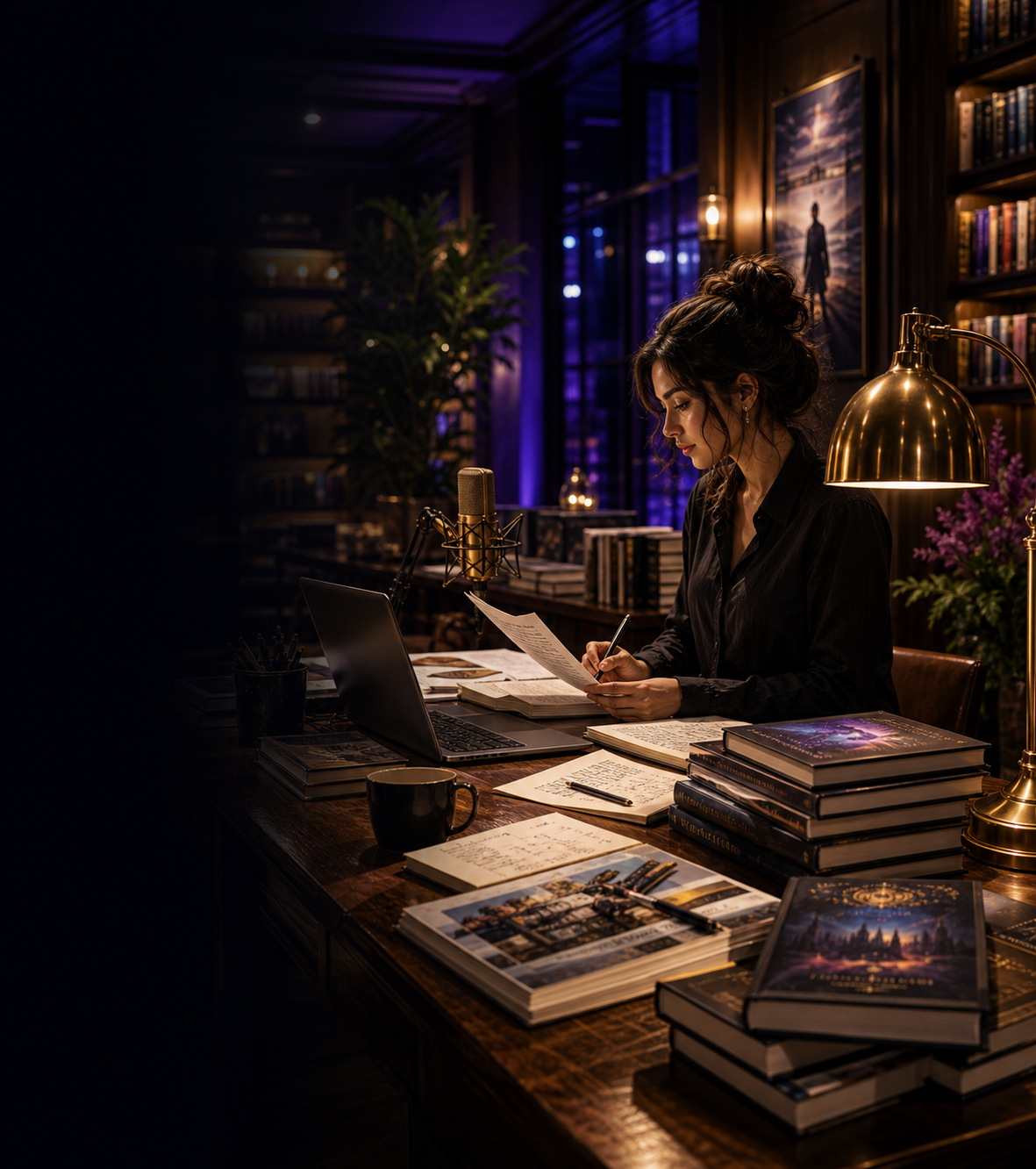 Elegant author publisher studio with manuscript pages, laptop, finished books, and brass lamp