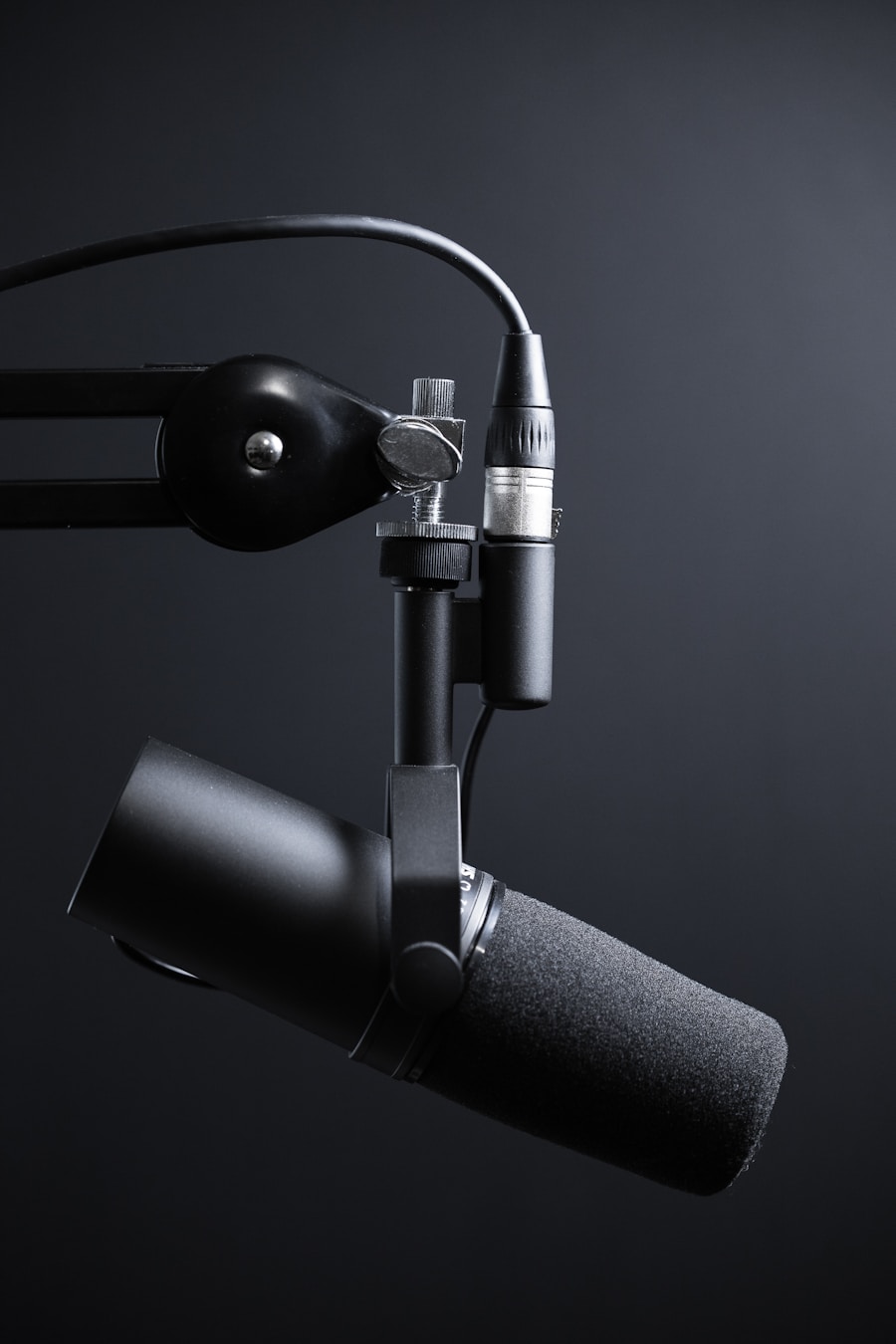 Studio microphone photographed for narration previews