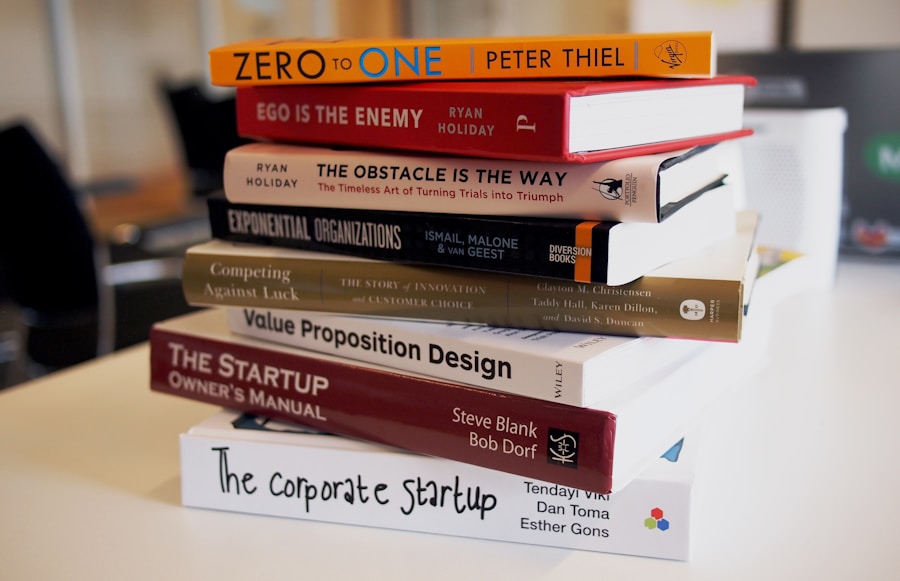 Stack of curated books on a table
